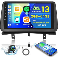 2+64GB Android 13 Auto Radio priekš Renault Clio 3th 2006-2012 Radio Wireless Carplay Android Car, 9 collu IPS Touch Screen Radio ar atpakaļgaitas kameru, Bluetooth, Navi, WiFi, DSP, EQ, Mirror Link