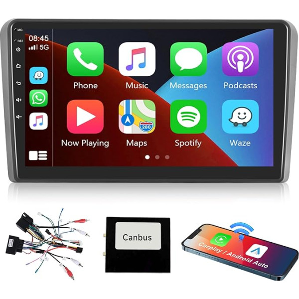 Podofo Carplay auto radio Audi A3 2008-2012, 9 collu skārienjūtīgais ekrāns, auto radio 2G + 64G ar bezvadu Carplay Android Car, Bluetooth/GPS/WiFi/FM/RDS/SWC/HiFi/USB+atgriešanas kamera