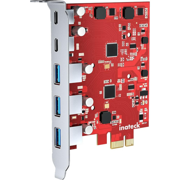 Inateck RedComets U25 PCIe 3.0 x1 USB karte ar 3 USB-A pieslēgvietām un 2 USB-C pieslēgvietām, 8 Gbps, nav nepieciešama ārēja barošana, sarkana