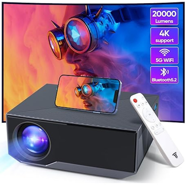 ZDK Mini projektors ar 4K atbalstu, Full HD 1080P projektors ar Bluetooth un Wi-Fi, 20 000 lūmenu portatīvais projektors mājas kinozālei, saderīgs ar viedtālruni/TV stick/TV Box/HDMI/USB/AV/PS5 (pelēks)