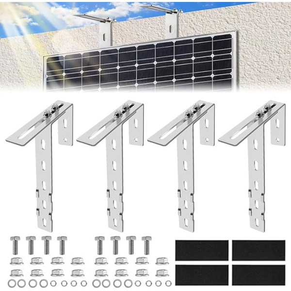 Aolawco 4 saules bateriju kronšteinu komplekts, balkona āķu komplekts, regulējams balkona kronšteins saules paneļiem, saules paneļu turētājs, nav nepieciešams urbums saules paneļiem, apaļiem, kvadrātveida balkoniem