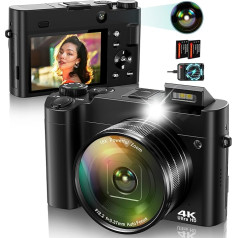 Digitālā kamera 4K autofokusa kamera Digitālā kamera ar selfiju 64MP 16X tālummaiņu pret satricinājumiem, fotokamera ar iebūvētu zibspuldzi pusaudžiem iesācējiem, 2 baterijas un lādētājs (bez SD kartes)