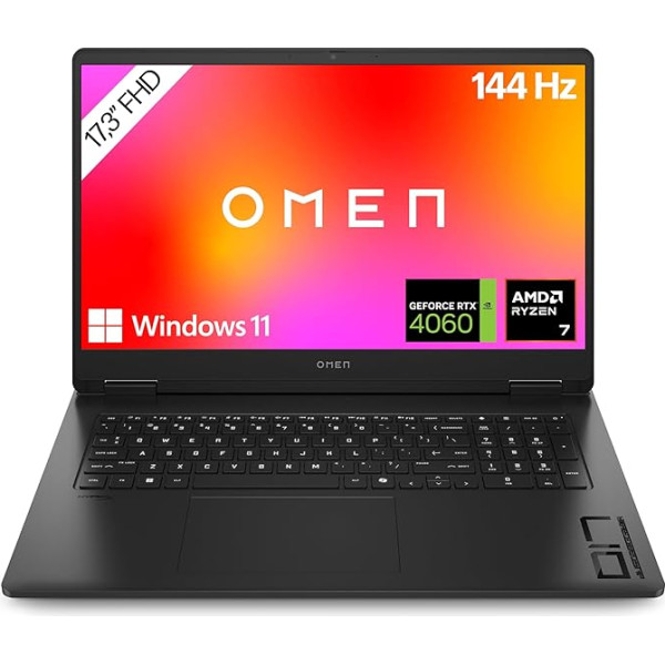 HP Omen spēļu klēpjdators, 17,3 collu FHD displejs - 144 Hz, AMD Ryzen 7 8845HS, 16 GB DDR5 RAM (2x8 GB), 1 TB SSD, NVIDIA GeForce RTX 4060 (8 GB), QWERTZ, Windows 11 Home, Shadow Black