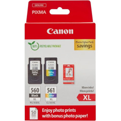 Canon Tinte & Papier Multipack - PG-560XL/CL-561XL Original Tintenpatronen 2er Pack (1 x Schwarz XL, 1 x Farbe XL) & 4x6 Fotopapīrs (50 x Blatt) - saderīgs ar PIXMA Druckern