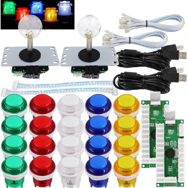 SJ@JX Arcade 2 Player Game Controller Stick DIY komplekts LED pogas MX Microswitch 8 Way Joystick USB Encoder Cable priekš PC MAME Raspberry Pi Colour Mix