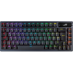 ASUS ROG Azoth bezvadu mehāniskā spēļu klaviatūra (75% formas faktors, ROG NX slēdži, PBT dubultā izvietojuma taustiņi, OLED displejs, Bluetooth, 2,4GHz RF bezvadu, USB, DE QWERTZ izkārtojums), melna