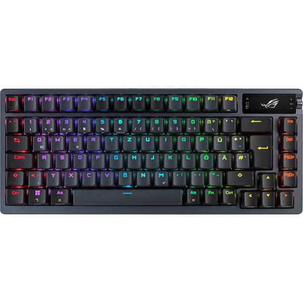 ASUS ROG Azoth bezvadu mehāniskā spēļu klaviatūra (75% formas faktors, ROG NX slēdži, PBT dubultā izvietojuma taustiņi, OLED displejs, Bluetooth, 2,4GHz RF bezvadu, USB, DE QWERTZ izkārtojums), melna