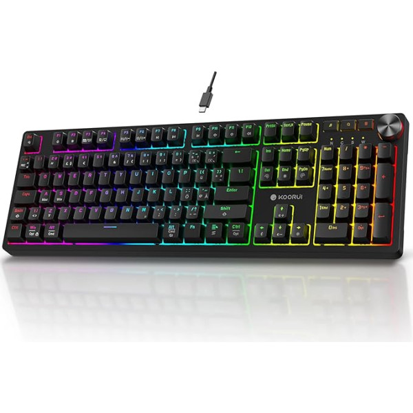 KOORUI spēļu tastatūra, mehāniskā tastatūra, vācu izkārtojums QWERTZ 104 taustiņi, 26 taustiņi ar RGB apgaismojumu, vadu spēļu tastatūra Windows MacOS Linux Blue Switch