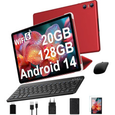 Android 14 planšetdators ar tastatūru, 10 collu planšetdators ar 5G WiFi 6, 20GB RAM + 128GB ROM (paplašināms līdz 1TB), GPS, Widevine L1, Octa-Core, 5MP + 8MP, 1280 x 800, 6000mAh, planšetdators ar peli + futrālis, sarkans