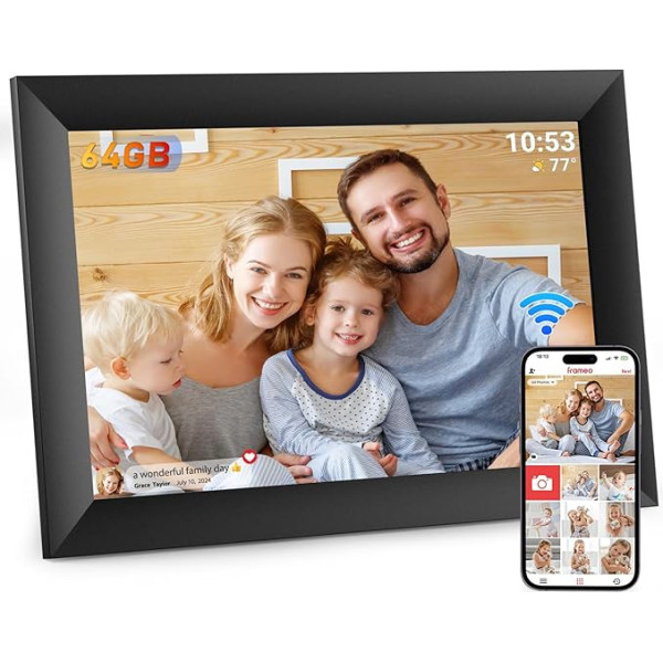 Hesmor 64 GB Frameo digitālais bilžu rāmis ar WiFi 10,1 collu 1280 x 800 IPS LCD skārienjūtīgo ekrānu, koplietojiet fotoattēlus vai video jebkurā vietā, izmantojot Frameo lietotni, elektroniskais bilžu rāmis, melns