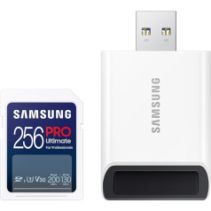 Samsung PRO Ultimate SD 256GB UHS-I U3 Full HD un 4K UHD 200MB/s lasīšanas ātrums, 130MB/s rakstīšanas ātrums, atmiņas karte kamerai, datoram, dronam vai Action Cam, komplektā ar USB karšu lasītāju, MB-SY256SB/WW