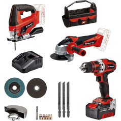 Einhell akumulatora urbjmašīna TE-CD 18/40 Li + akumulatora leņķa slīpmašīna TC-AG 18/115 Li + akumulatora ripzāģis TC-JS 18 Li Power X-Change (18 V, iekļauts 1x 4,0 Ah akumulators, lādētājs, piederumi, somiņa)