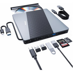 Unitek išorinis CD DVD įrenginys, USB 3.0/USB C, nešiojamasis CD/DVD grotuvas su SD kortelių skaitytuvu, USB 3.0, USB 2.0, šakotuvas, CD-ROM įrašymo įrenginys, suderinamas su 