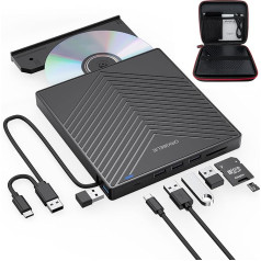 ORIGBELIE Ārējais DVD diskdzinis, īpaši plāns CD ierakstītājs USB 3.0 ar 4 USB pieslēgvietām un 2 TF/SD karšu slotiem, ārējais CD disks portatīvajam datoram Mac PC Windows 11/10/8/7 Linux OS ar somiņu