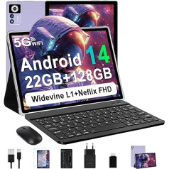 ZIOVO Android 14 planšetdators ar 22 GB RAM + 128 GB ROM, 5G WiFi, BT 5.0, AGPS planšetdators ar peli un tastatūru, violets