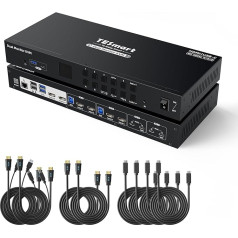 TESmart USB 3.0 HDMI+USB-C MST KVM slēdzis 4 PC 2 monitoriem, 4K@60Hz KVM dokstacija ar tīklu, EDID emulatori, austiņas, karsto taustiņu slēdzis, ieejas kabelis