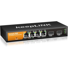 keepLiNK 6 portu 2.5G Switch Smart Web Managed, 4 x 2.5G Base-T porti, 2 x 10G SFP+ ligzdas, atbalsta statisko saišu agregēšanu, QoS/VLAN/IGMP, metāla bez ventilatora, uzstādāms uz galda/uz sienas