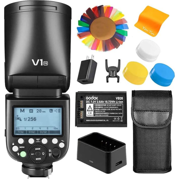 Godox V1N TTL apaļo zibspuldžu komplekts, saderīgs ar Nikon 2.4G HSS 1/8000S tālummaiņas kameru zibspuldzi, 2600mAh litija akumulators, 480 zibspuldzes ar pilnu jaudu, LED iestatīšanas lampa