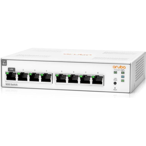 HPE Networking Instant On Switch Series 1830 - inteliģenti pārvaldāms 2. slāņa Ethernet komutators ar 8 Gb portiem | 8X 1G | bez ventilatora | ES kabelis (JL810A#ABB)