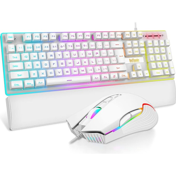 RedThunder K10 Wired Gaming Keyboard and Mouse UK Layout Real RGB Backlit Ergonomiska Anti-Ghosting tastatūra + 7D 7200DPI pele PC Mac (balta)