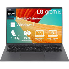 LG Electronics 2023 Gram 16 collu ultravieglais portatīvais dators - 1199 g Intel Core i7 klēpjdators (16 GB RAM, 2 TB SSD, 23,5 h akumulatora darbības laiks, 16:10 Anti-Glare Thunderbolt 4, Win 11 Home, Mirametrix) - pelēks