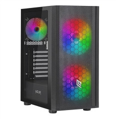 Noua Orizon M101 Black ATX korpuss datorspēlēm, atbalsta E-ATX, 0,50 mm SPCC, 3 adresējami ARGB LED ventilatori (2 x 200 mm + 1x 120 mm), tīklveida priekšējais un rūdīta stikla sānu panelis