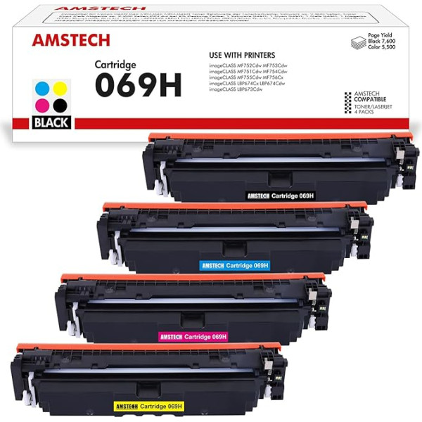 Amstech saderīgs ar Canon 069H 069 tonera kasetni imageCLASS MF752Cdw LBP673Cdw MF753Cdw LBP674Cdw LBP674Cdw MF751Cdw MF754Cdw MF755Cdw MF756Cx melns ciāns ciāns magenta dzeltens, iepakojumā 4 gab.