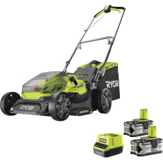 RYOBI 18 V ONE+ akumulatora zāles pļāvējs RY18LM37A-240 (pļaušanas platums 37 cm, augstuma regulēšana 6 virzienos 20-70 mm, maināms rokturis, ieskaitot mulčēšanas ķīli, 2 x 4,0 Ah akumulators un lādētājs)