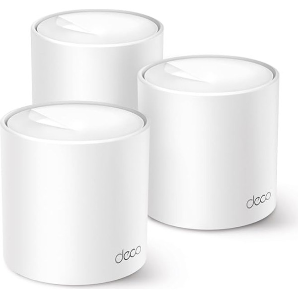 TP-Link Deco X1500 Mesh WLAN komplekts (3 iepakojumi), WI-FI AX1500 divjoslu maršrutētājs un retranslators, 2 x gigabitu pieslēgvietas katrā ierīcē, mājokļiem ar 4-5 guļamistabām, visaptveroša jauniešu aizsardzība, WPA3