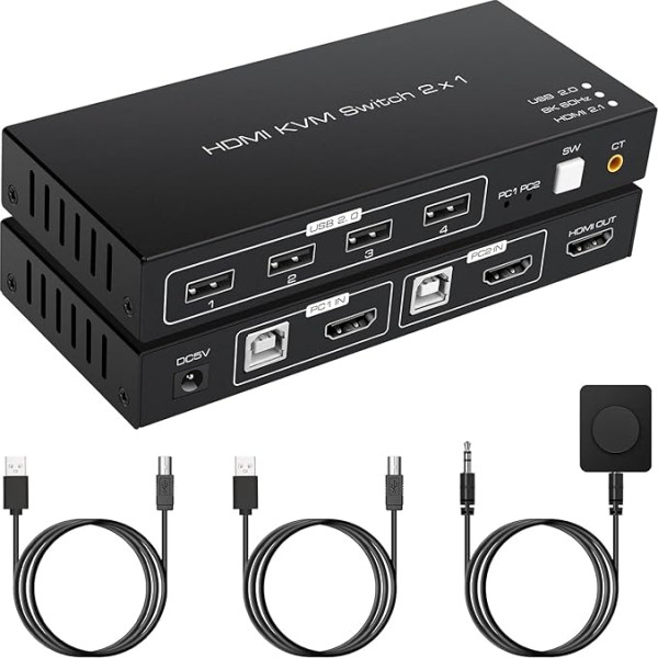 VPFET KVM slēdzis HDMI 2 porti 8K60Hz 4K120Hz 4 porti USB 2.0 2 datoriem 1 monitors Koplietojiet tastatūru Pele Printeris Atbalsta vadu Darbvirsmas kontrolieris Komplektā ietilpst 2 USB 2.0 kabeļi