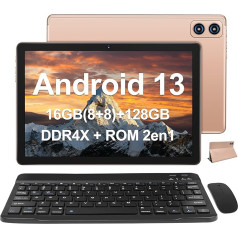 WOZIFAN planšetdators 10 collu Android 13 Tablet PC 16GB RAM + 128GB ROM + TF 512GB Octa-Core 2.0 GHz, 8000mAh 1280 x 800 pikseļi 5MP + 13MP 5G WiFi Bluetooth 5.0, planšetdators ar tastatūru un peli, zelta krāsā