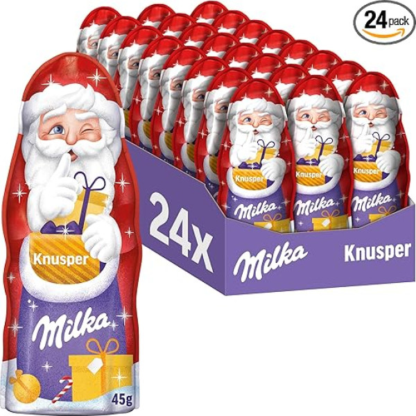 Milka Santa Claus Crisp 24 x 45 g I Šokolādes Santa Claus Lielais iepakojums I Ziemassvētku šokolāde no 100% Alpu piena ar graudu skaidiņām