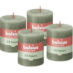 Bolsius Rustic Pillar Candles, olīveļļas zaļš, 4 gab., 8 x 7 cm, degšanas laiks 35 stundas, bez aromāta, dabīgs augu vasks, bez palmu eļļas, Advente