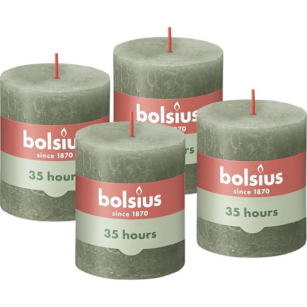 Bolsius Rustic Pillar Candles, olīveļļas zaļš, 4 gab., 8 x 7 cm, degšanas laiks 35 stundas, bez aromāta, dabīgs augu vasks, bez palmu eļļas, Advente