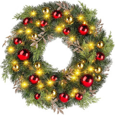 Ulinek Door Wreath Christmas Battery [40 LED 40 cm] Ziemassvētku vainags ar apgaismojumu Mākslīgo priežu skuju lapas Sarkanā/zelta bumbiņas izgatavotas no PE Ziemassvētku rotājums priekšējām durvīm Kāpnes Veikala logs