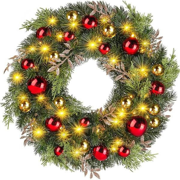 Ulinek Door Wreath Christmas Battery [40 LED 40 cm] Ziemassvētku vainags ar apgaismojumu Mākslīgo priežu skuju lapas Sarkanā/zelta bumbiņas izgatavotas no PE Ziemassvētku rotājums priekšējām durvīm Kāpnes Veikala logs