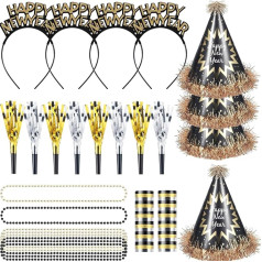 YaYuanSun 24 gabali melna zelta Jaungada bārkstis Cone Hat Fringe Shimmer Headbands Blowouts Blowouts Blowouts Blowers Jaungada pērļu ķēdes Jaungada ballītes dāvanas bērniem pieaugušajiem Jaungada ballīte