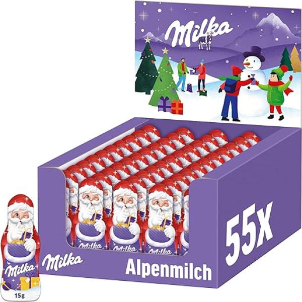 Milka Santa Claus Alpine Milk Counter Display 55 x 15 g I Mini šokolādes Santa Claus Lielais iepakojums I Ziemassvētku šokolāde no 100% Alpu piena