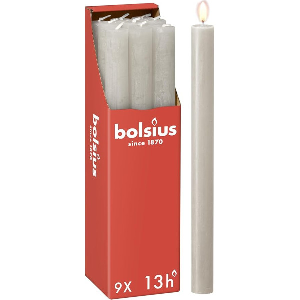 Bolsius - Rustic Taper Candles - Gaiši pelēkas krāsas - Iepakojumā 9 gabali - 27 x 2,3 cm - Degšanas laiks 13 stundas - Bez aromāta - Satur dabīgo augu vasku - Bez palmu eļļas