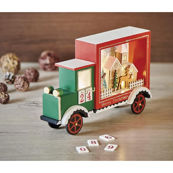 EMOS Leuchtender Laster Adventskalender, Holz LKW mit LED-Beleuchtung und Dekoration, warmweiß, Weihnachtsdekoration für den Innenbereich IP20, batteriebetrieben (2x AA), 6/18h Timer, 20x30,5 cm