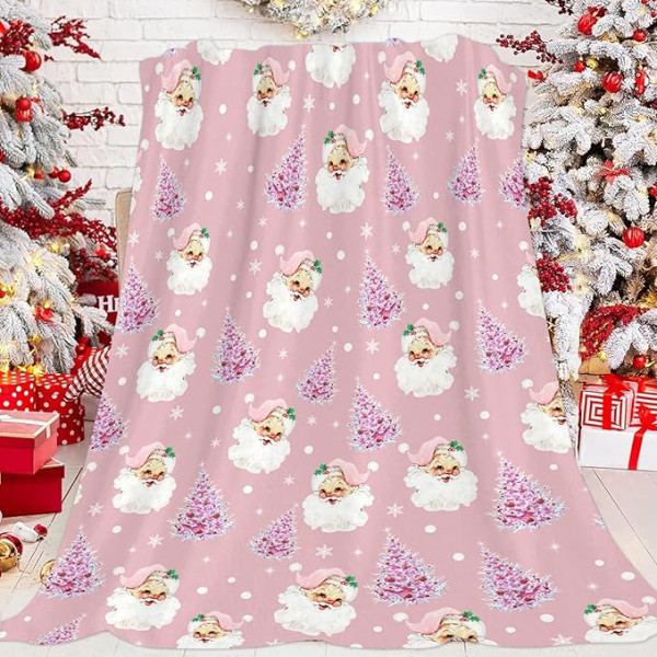 JOOCAR Pink Christmas Throw Blanket Santa Merry Christmas Happy New Year Blanket Mīksta, mīksta, viegla flaneļa plīša sega gultai, dīvānam, viesistabai, dīvāna krēslam 127 x 152 cm