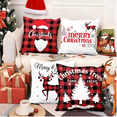 Aoihrraan 50 x 50 cm komplekts no 4 Merry Christmas Dekoratīvie spilvenu pārvalki Sarkans rūtains briedis Ziemassvētku eglīte Santa Claus Plush Square Cushion Cover Jaungada ballīte Gulta Dzīvojamā istaba Dīvāns Āra dīvāns