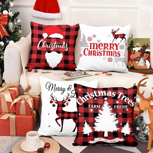 Aoihrraan 50 x 50 cm komplekts no 4 Merry Christmas Dekoratīvie spilvenu pārvalki Sarkans rūtains briedis Ziemassvētku eglīte Santa Claus Plush Square Cushion Cover Jaungada ballīte Gulta Dzīvojamā istaba Dīvāns Āra dīvāns