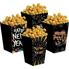 Dusenly Pack of 12 Happy New Year Popcorn Box Snack Treat Boxes Sweets Biscuits Container Dekorācijas Dāvanas 2024 Jaungada vakars partija Favour Supplies