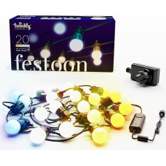 Twinkly Festoon 20 LED baltas pasaku gaismas ar 20 LED spuldzītēm, āra un iekštelpu apgaismojums no silti baltas līdz vēsi baltai, saderīgs ar Alexa, Google Home, IP44, App Control, melns kabelis, 10 m