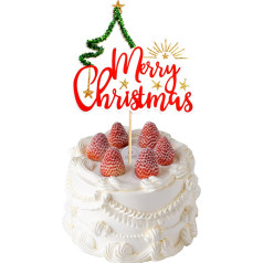 YankMooM 1 Pack Merry Christmas Cake Topper, Glitter Christmas Cake Decorations Xmas Cupcake Toppers for Merry Christmas Theme Happy New Year Party Supplies (Red)