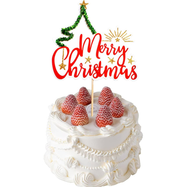 YankMooM 1 Pack Merry Christmas Cake Topper, Glitter Christmas Cake Decorations Xmas Cupcake Toppers for Merry Christmas Theme Happy New Year Party Supplies (Red)