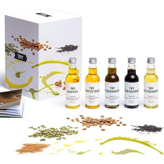 TRY Oil Set Gift - 5 x 50 ml aukstā spieduma kauliņu eļļa degustācijas kastītē - kulinārijas dāvanu komplekts pavārmākslas entuziastiem