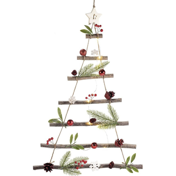 Weihnachtsbaum zum Aufhängen mit Tannenzapfen und Stern - Weihnachtskranz für Türen und Wände in Form eines geschmückten Baumes - stilisierter Weihnachtsbaum aus Holz für Zuhause und Geschäfte (68 cm)