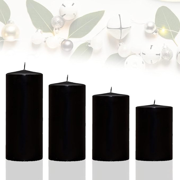 Candelo 4er Set Stumpenkerzen Weihnachten Ambiente Kerzen - Schwarz - 7,5/9/10,5/12cm - Advent Weihnachtsdekoration - Weihnachtskerzen Adventskranz